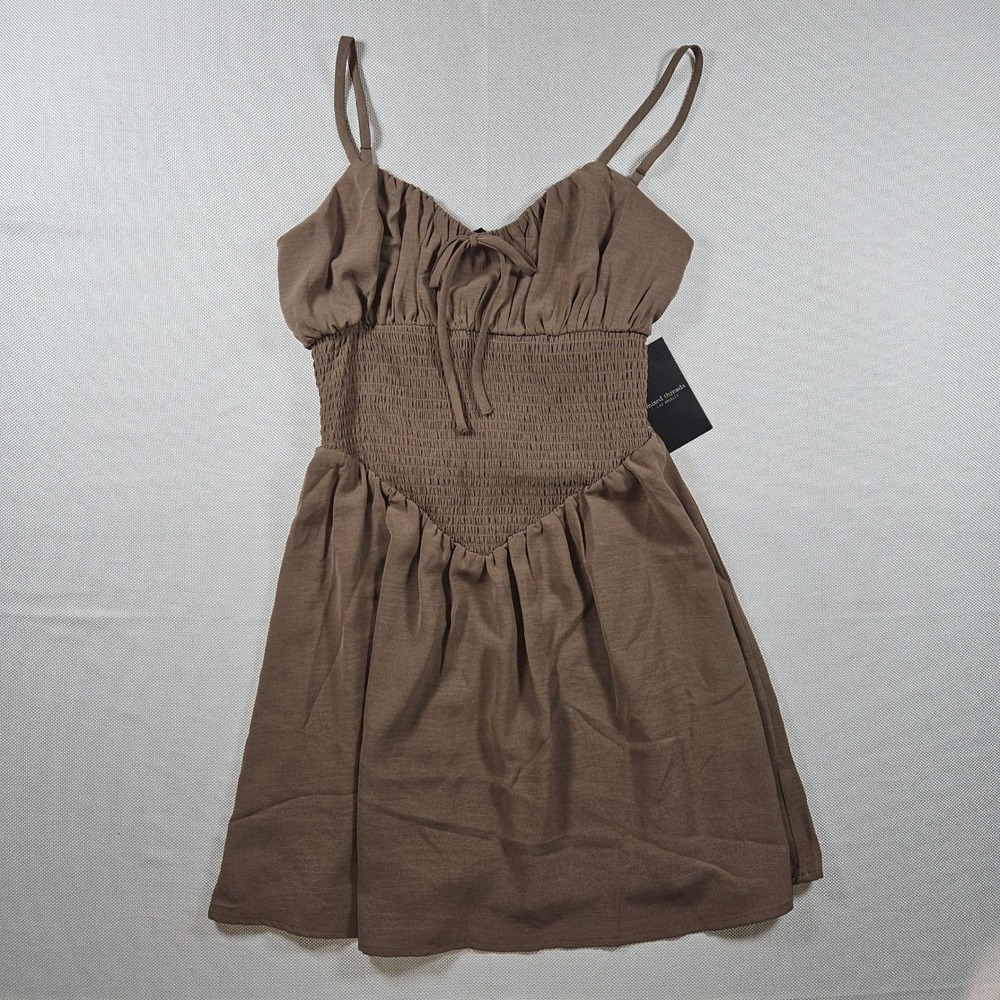 NWT Mixed Threads L A Brown Smocked Shirred Bodice Tie Neck Cami Mini Dress M